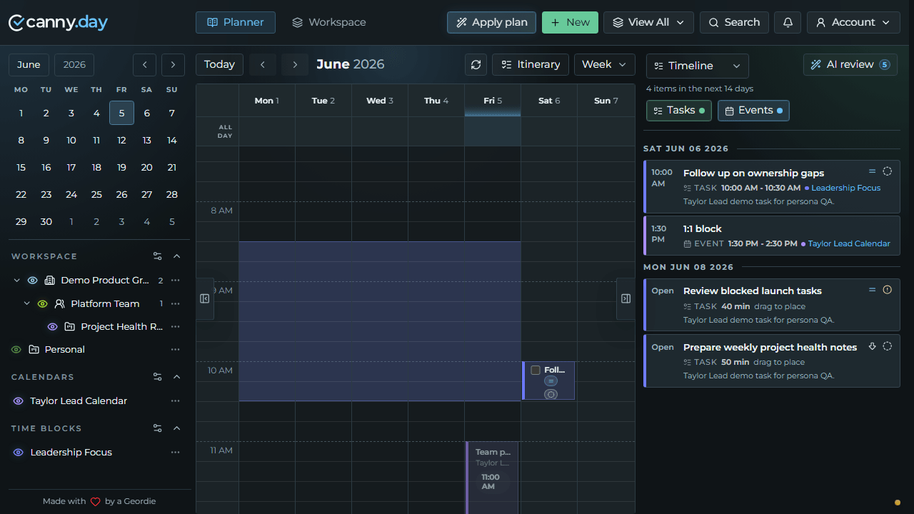 Canny.Day planner arranging work around calendar events